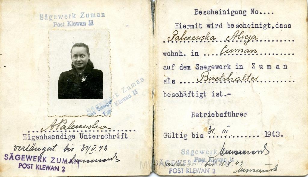 KKE 094.jpg - Legitymacja pracownicza z tartaku Cumań Alicji Palczewskiej z domu Orzechowskiej, 31.III.1943 r.